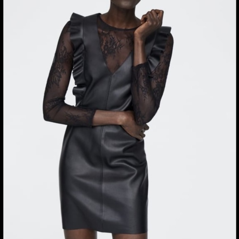 Zara Combine Tube Ruffle Faux Leather Mini Dress with Lace Sleeves